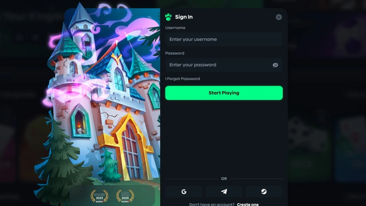 Gamdom sign-in screen. Username, password, Google, Steam or Telegram