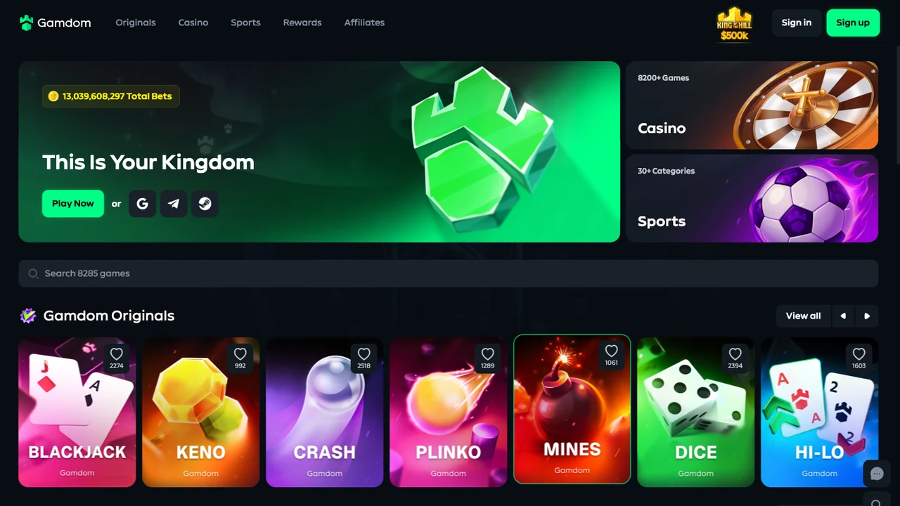 Gamdom homepage. Sign in and Sign up in the header