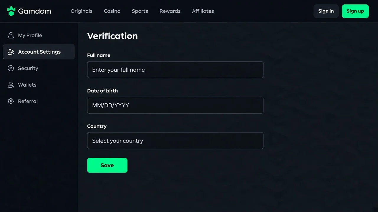 Account verification settings. Name, date of birth and country